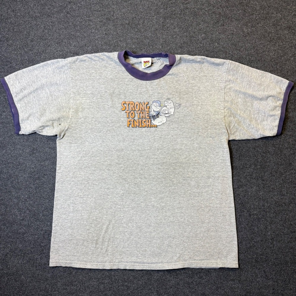 Vintage Popeye Ringer Tee Mens XL Grey Strong To The Finish Distressed 2003